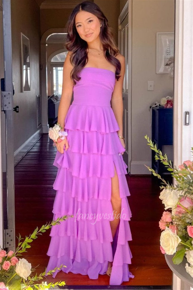 Elegant Strapless Mermaid Slit Ruffle Prom Dress with Lace-up