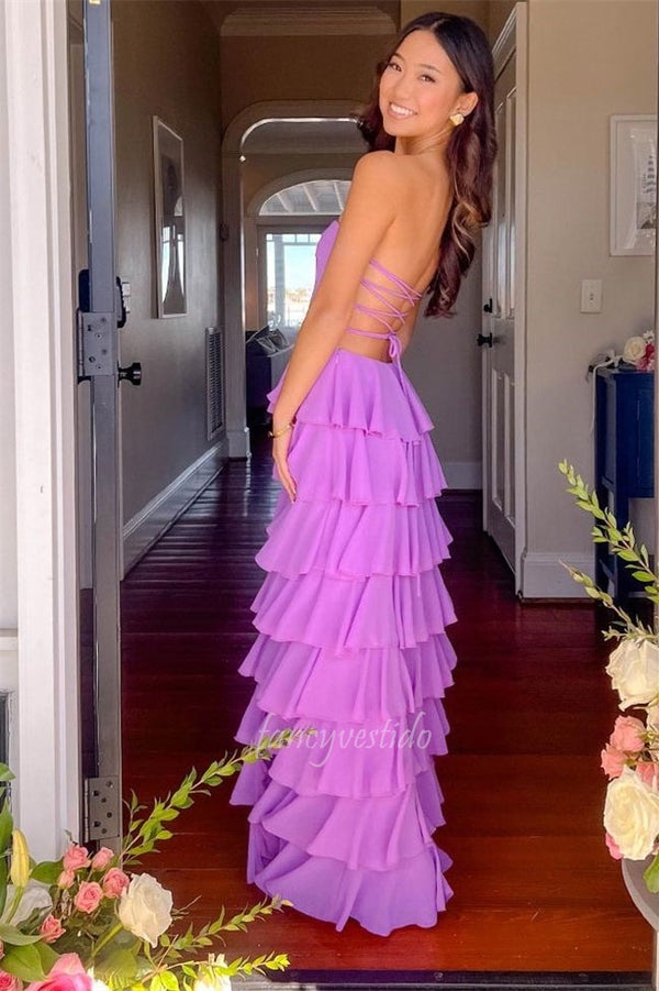 Elegant Strapless Mermaid Slit Ruffle Prom Dress with Lace-up