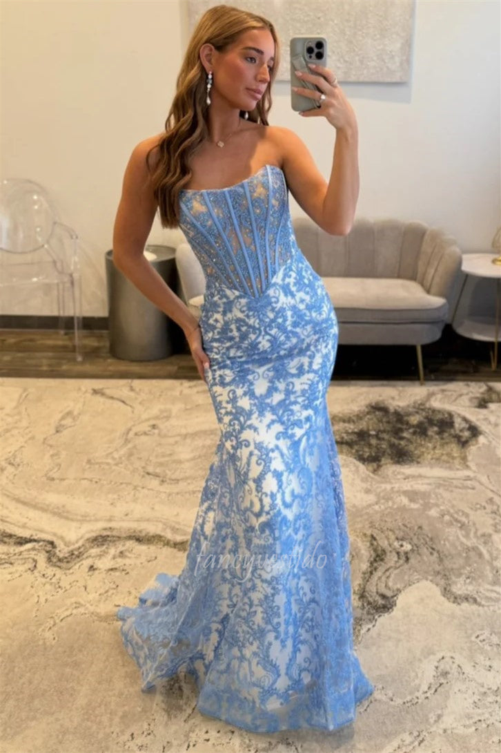 Simple Strapless Blue Lace Applique Mermaid Prom Dress