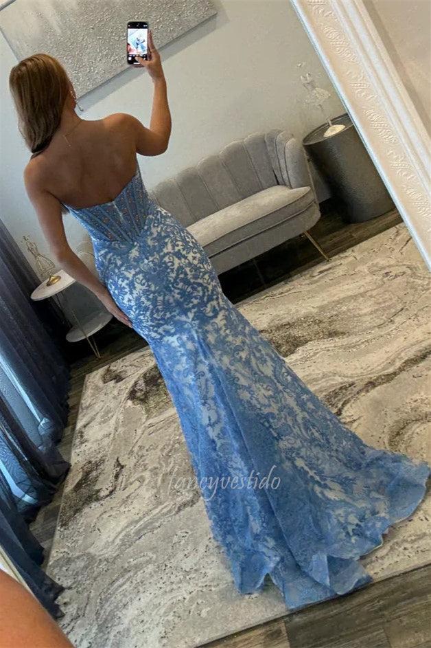 Simple Strapless Blue Lace Applique Mermaid Prom Dress
