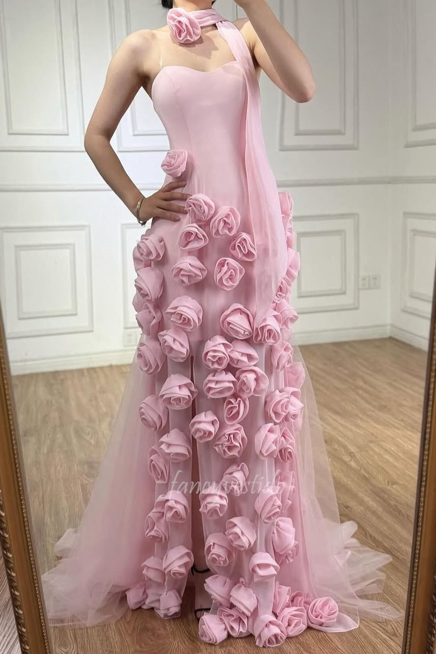 Romantic Sweetheart Pink 3D Floral Mermaid Long Prom Dress