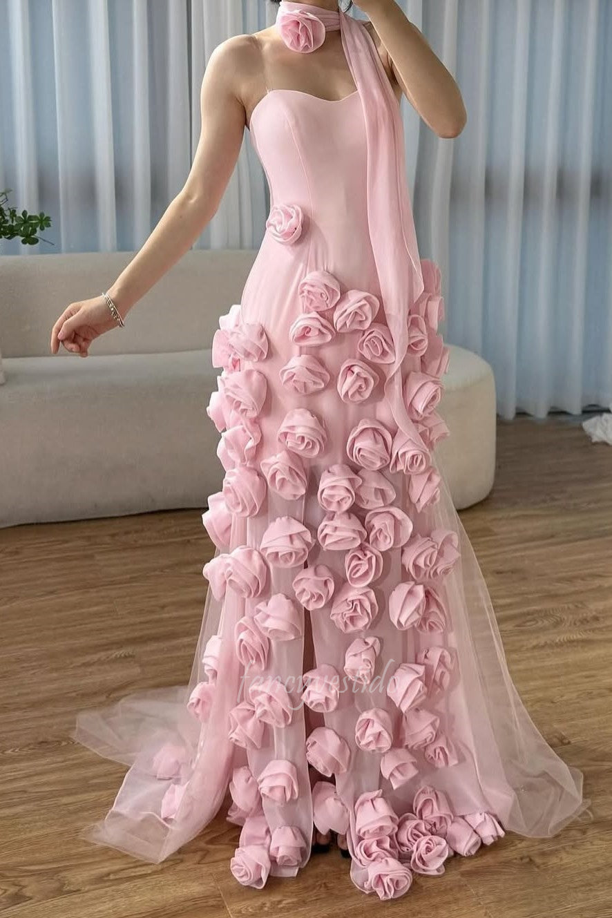 Romantic Sweetheart Pink 3D Floral Mermaid Long Prom Dress