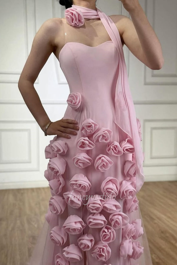 Romantic Sweetheart Pink 3D Floral Mermaid Long Prom Dress