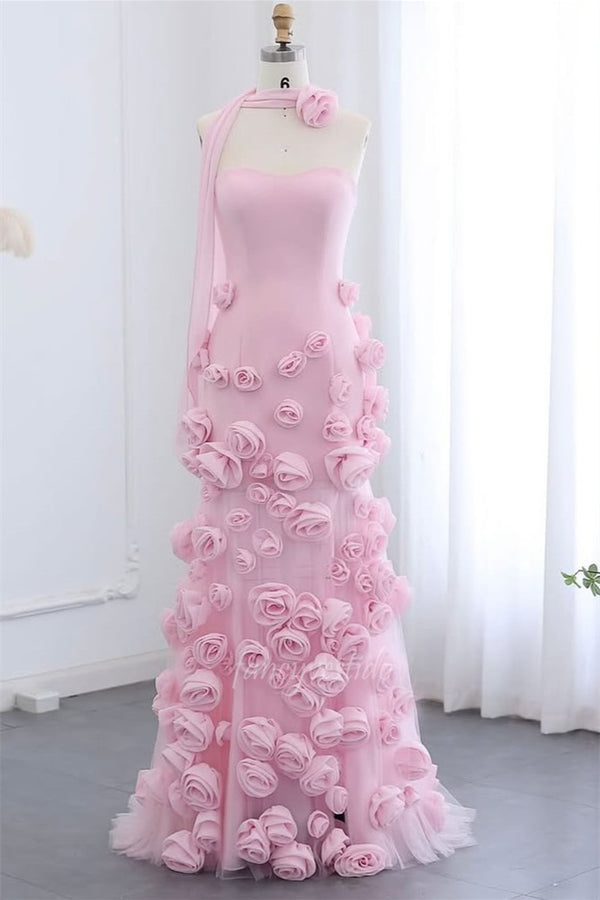 Romantic Sweetheart Pink 3D Floral Mermaid Long Prom Dress