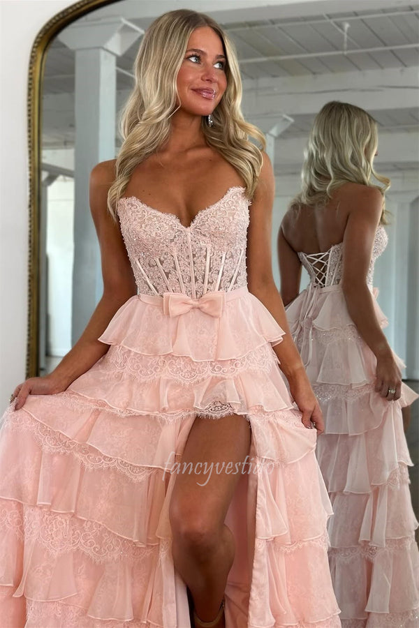 Princess Sweetheart Lace Applique Ruffle Prom Dress with Slit