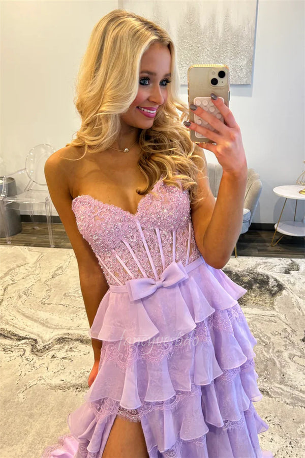 Princess Sweetheart Lace Applique Ruffle Prom Dress with Slit