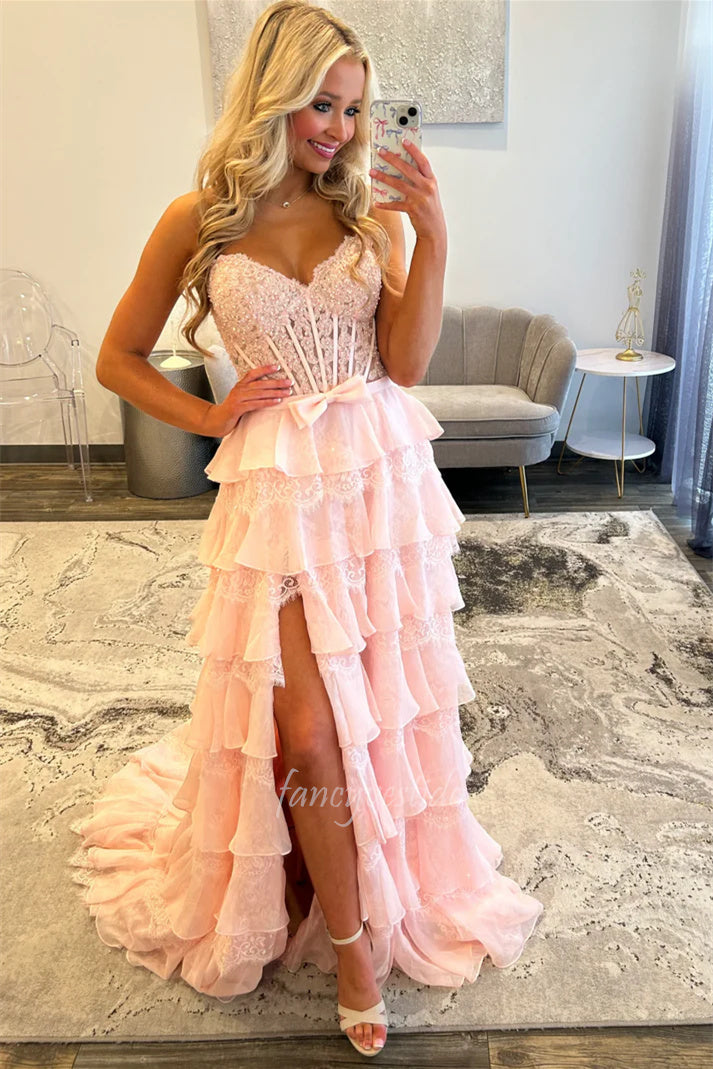 Princess Sweetheart Lace Applique Ruffle Prom Dress with Slit