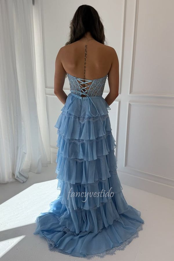 Princess Sweetheart Lace Applique Ruffle Prom Dress with Slit