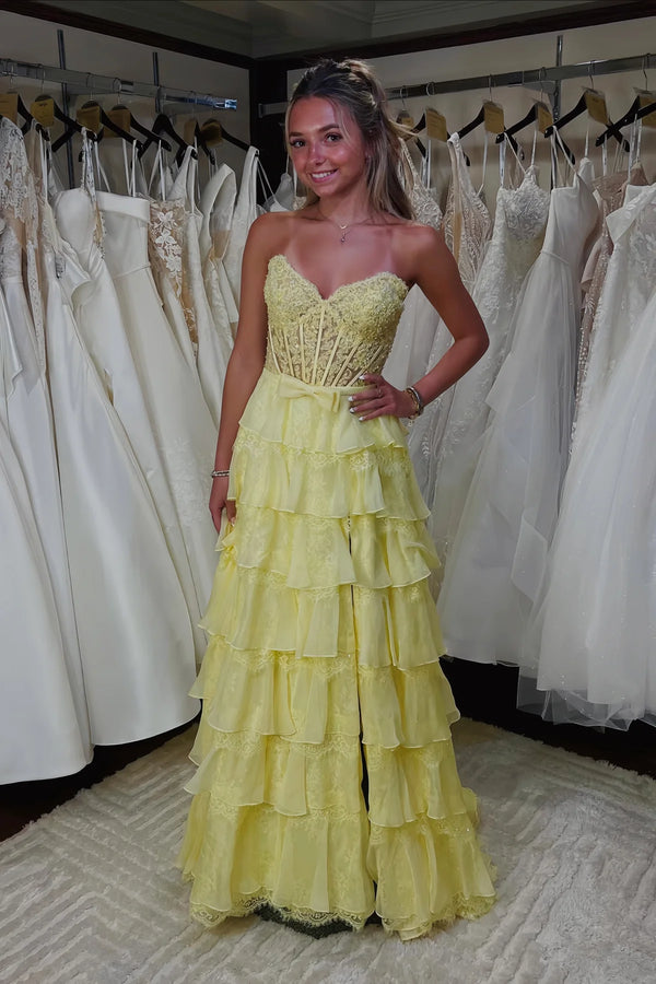 Princess Sweetheart Lace Applique Ruffle Prom Dress with Slit
