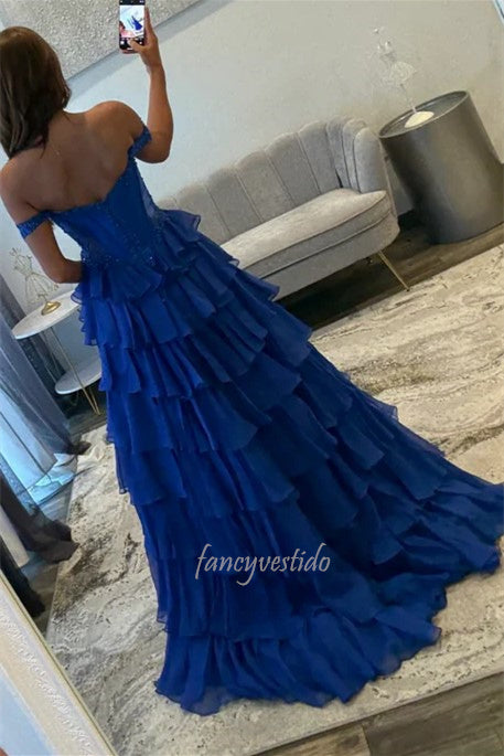 Off the Shoulder Cutout Royal Blue Ruffle Long Prom Dress FancyVestido Off the Shoulder Cutout Royal Blue Ruffle Long Prom Dress FancyVestido