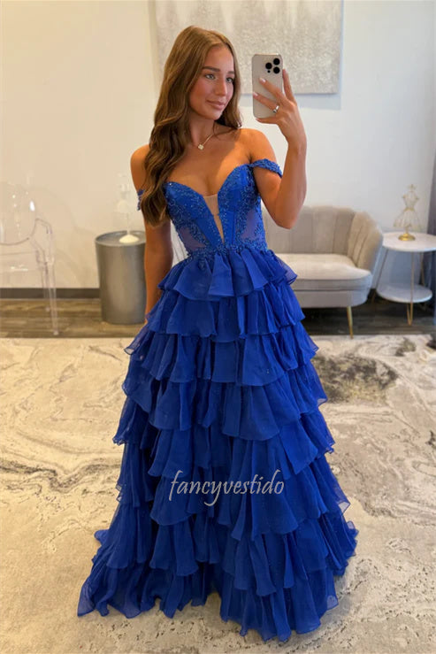 Off the Shoulder Cutout Royal Blue Ruffle Long Prom Dress