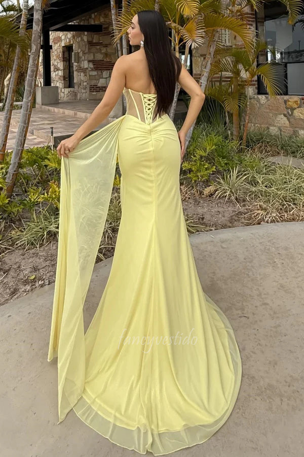 Chic Strapless Corset Boned Pleated Mermaid Prom Dress