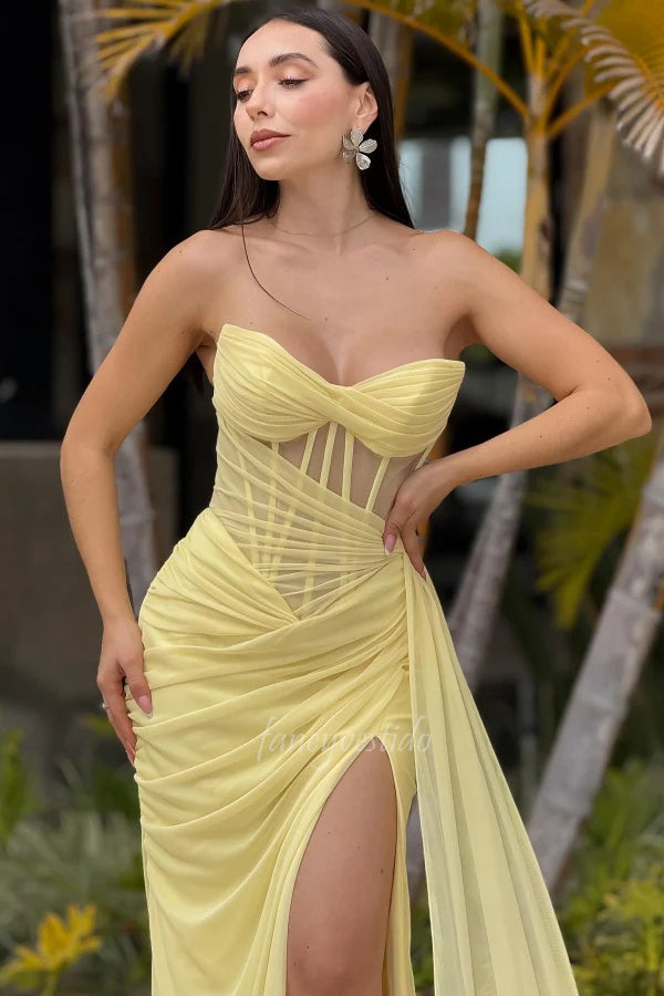 Chic Strapless Corset Boned Pleated Mermaid Prom Dress FancyVestido Chic Strapless Corset Boned Pleated Mermaid Prom Dress FancyVestido