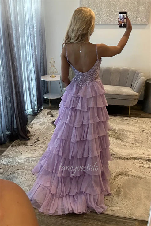 Lavender V-Neck Sleeveless Sequin Applique Ruffle Prom Dress