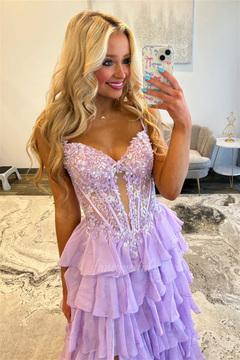 Lavender V-Neck Sleeveless Sequin Applique Ruffle Prom Dress