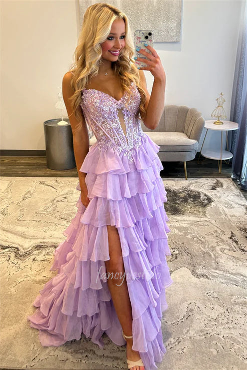 Lavender V-Neck Sleeveless Sequin Applique Ruffle Prom Dress
