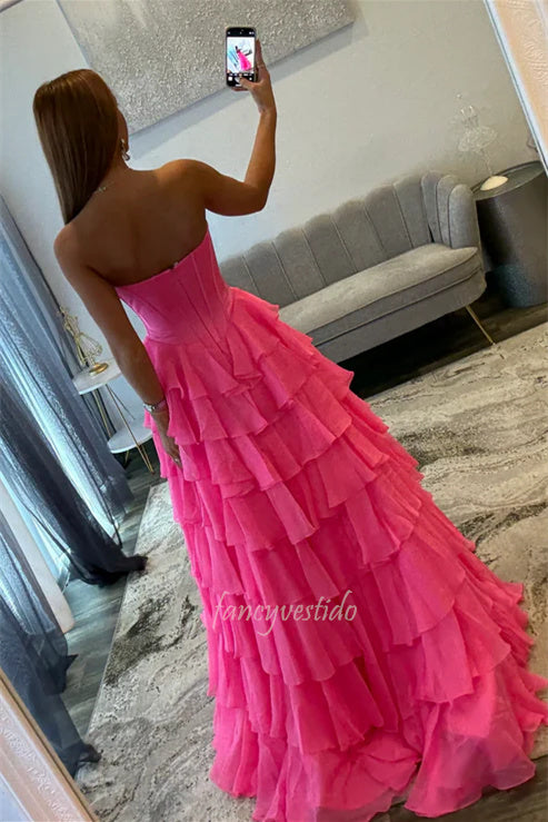 Hot Pink Applique Boned Ruffle Chiffon Prom Dress with Slit