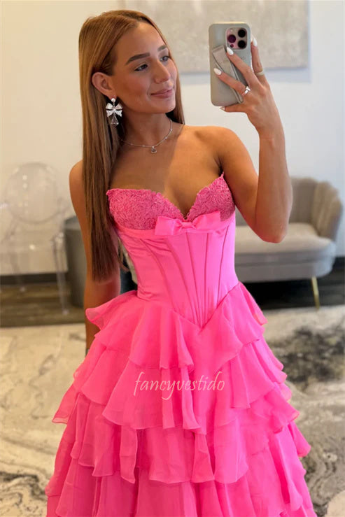 Hot Pink Applique Boned Ruffle Chiffon Prom Dress with Slit