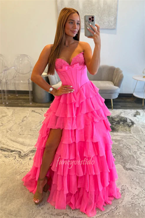 Hot Pink Applique Boned Ruffle Chiffon Prom Dress with Slit