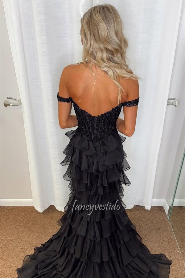 Off the Shoulder Applique Mermaid Prom Dress with Ruffle Back