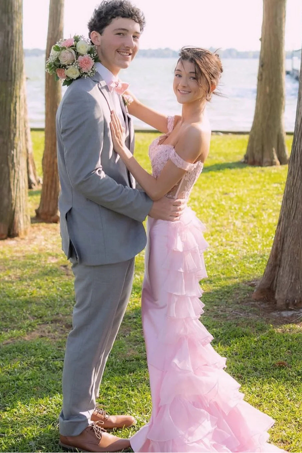 Off the Shoulder Applique Mermaid Prom Dress with Ruffle Back