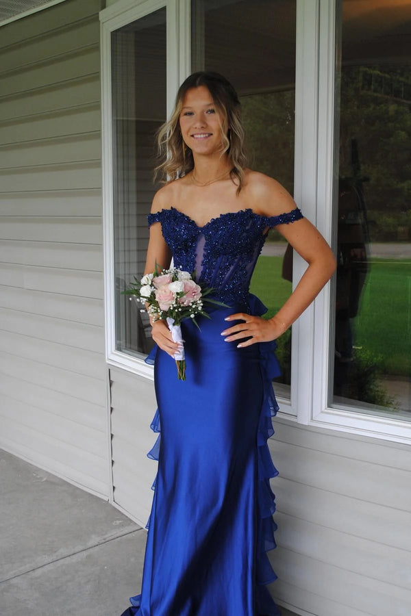 Off the Shoulder Applique Mermaid Prom Dress with Ruffle Back