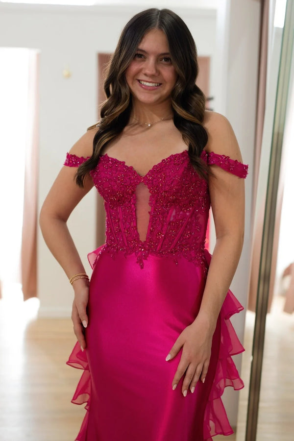 Off the Shoulder Applique Mermaid Prom Dress with Ruffle Back