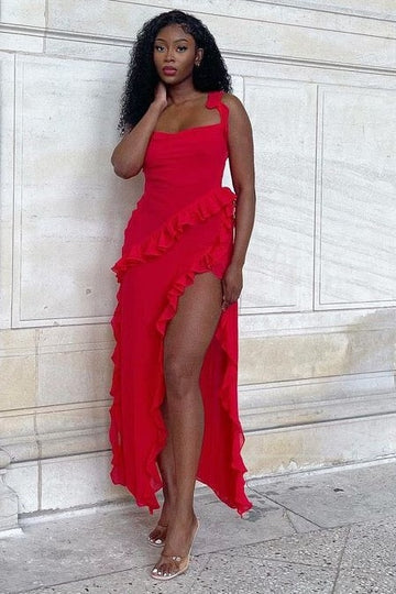 Chic Off Shoulder Tiered Mermaid Prom Dress with High Slit