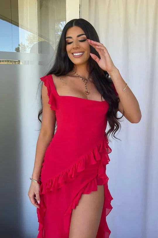 Chic Off Shoulder Tiered Mermaid Prom Dress with High Slit