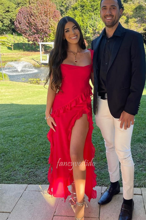 Chic Off Shoulder Tiered Mermaid Prom Dress with High Slit