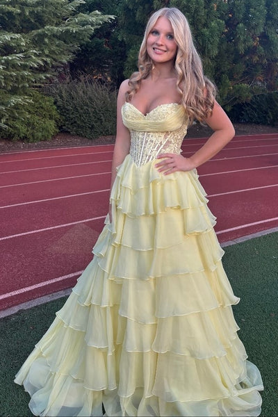 Strapless Lace Applique Pleated Ruffle A-Line Prom Dress