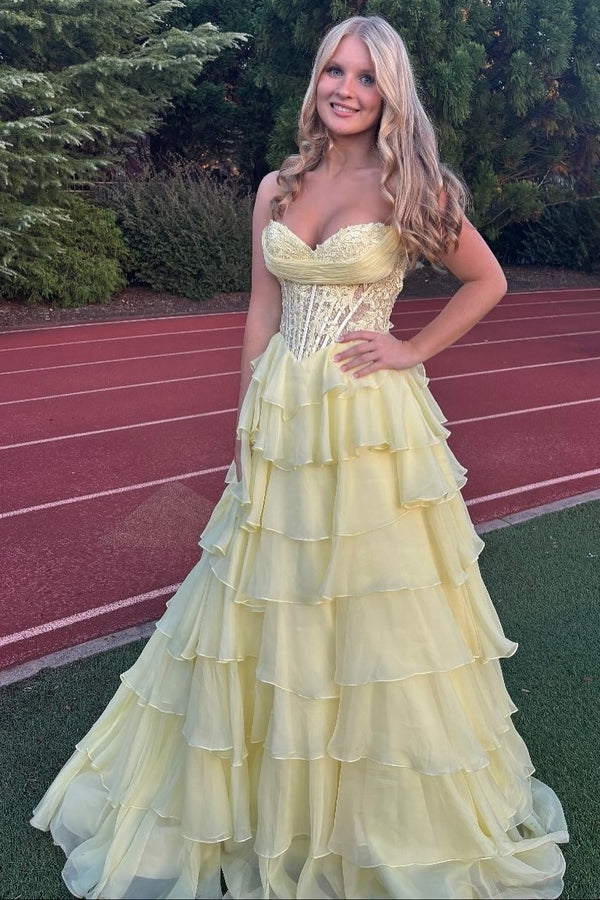 Strapless Lace Applique Pleated Ruffle A-Line Prom Dress