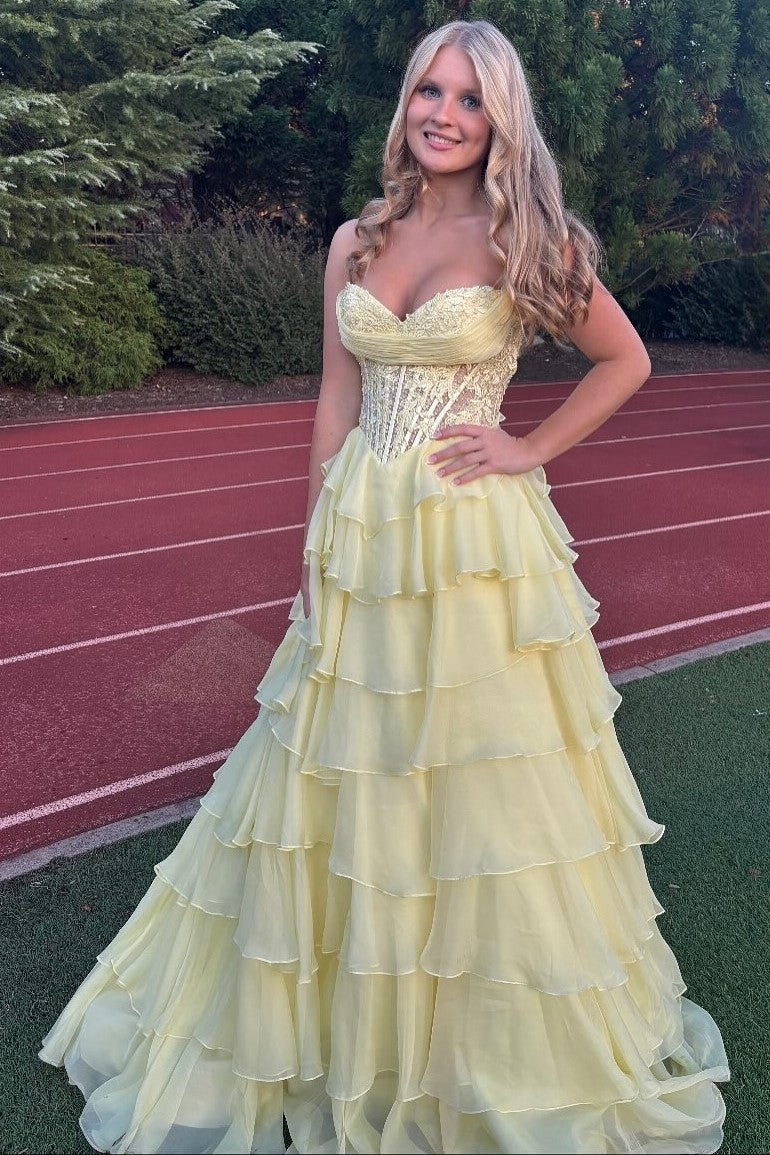 Strapless Lace Applique Pleated Ruffle A-Line Prom Dress