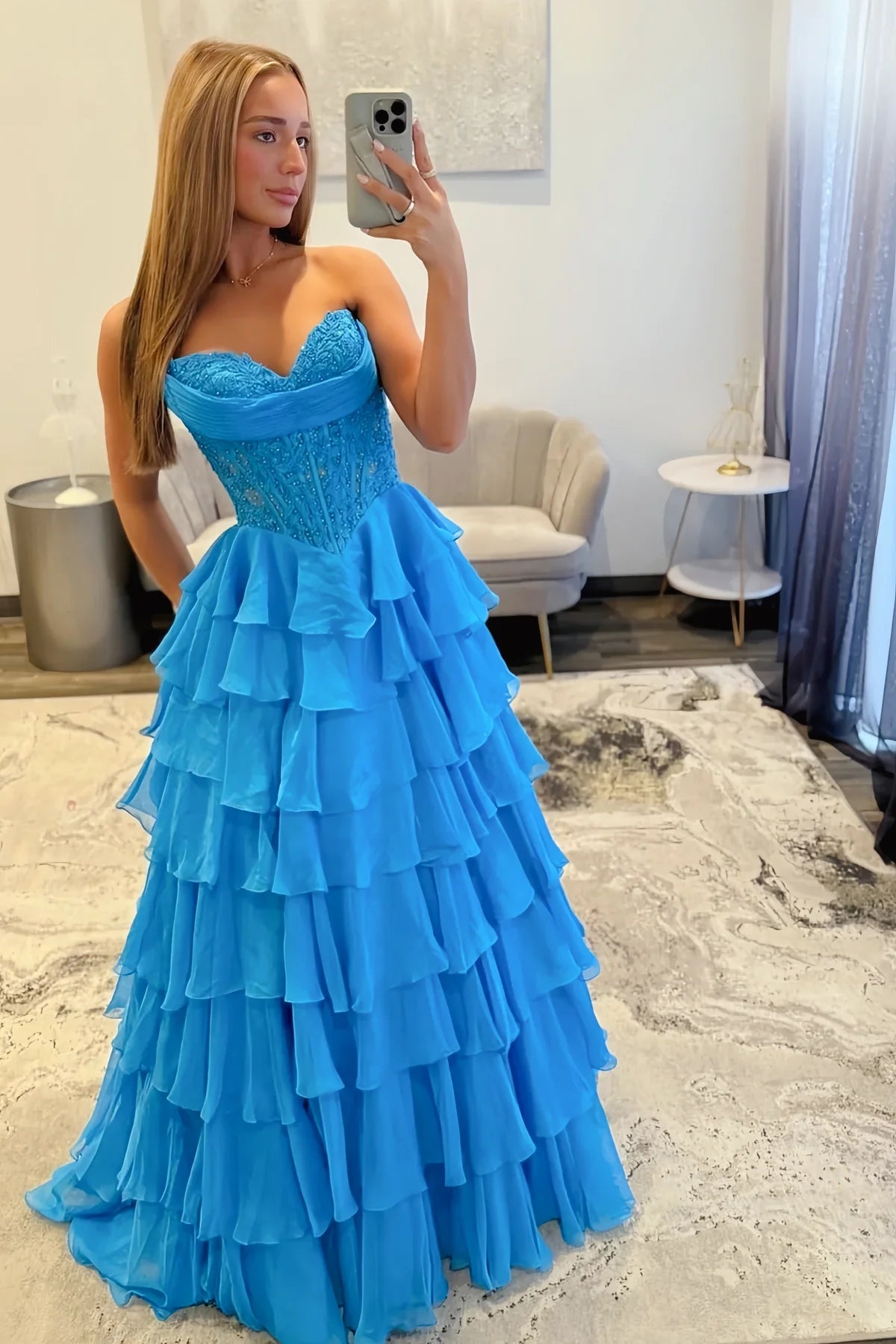 Strapless Lace Applique Pleated Ruffle A-Line Prom Dress