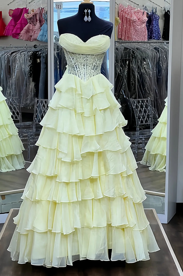 Sweetheart Applique Boned Ruffle Chiffon Long Prom Dress