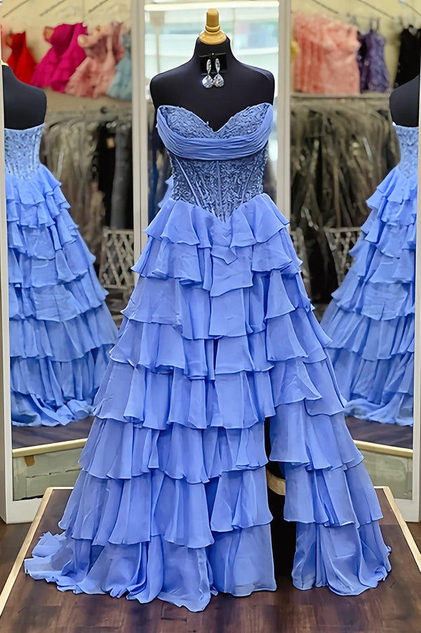 Sweetheart Applique Boned Ruffle Chiffon Long Prom Dress