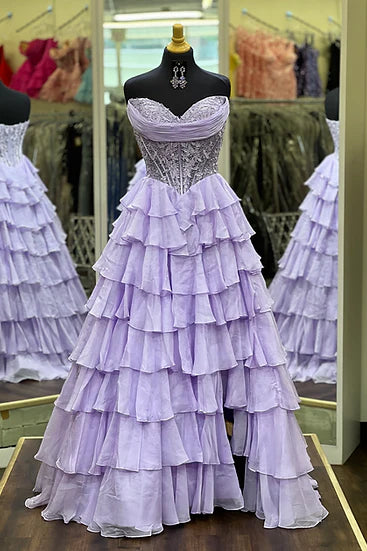 Sweetheart Applique Boned Ruffle Chiffon Long Prom Dress