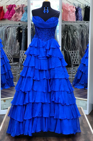 Sweetheart Applique Boned Ruffle Chiffon Long Prom Dress