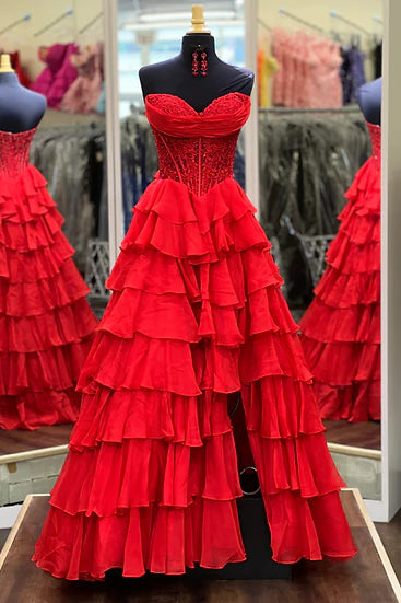 Sweetheart Applique Boned Ruffle Chiffon Long Prom Dress