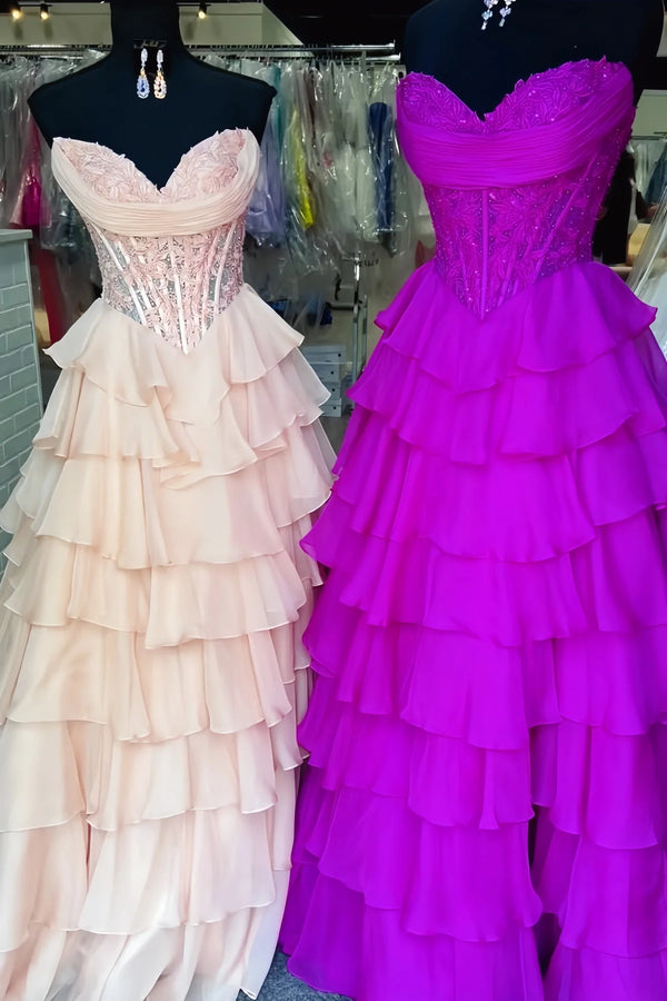 Sweetheart Applique Boned Ruffle Chiffon Long Prom Dress