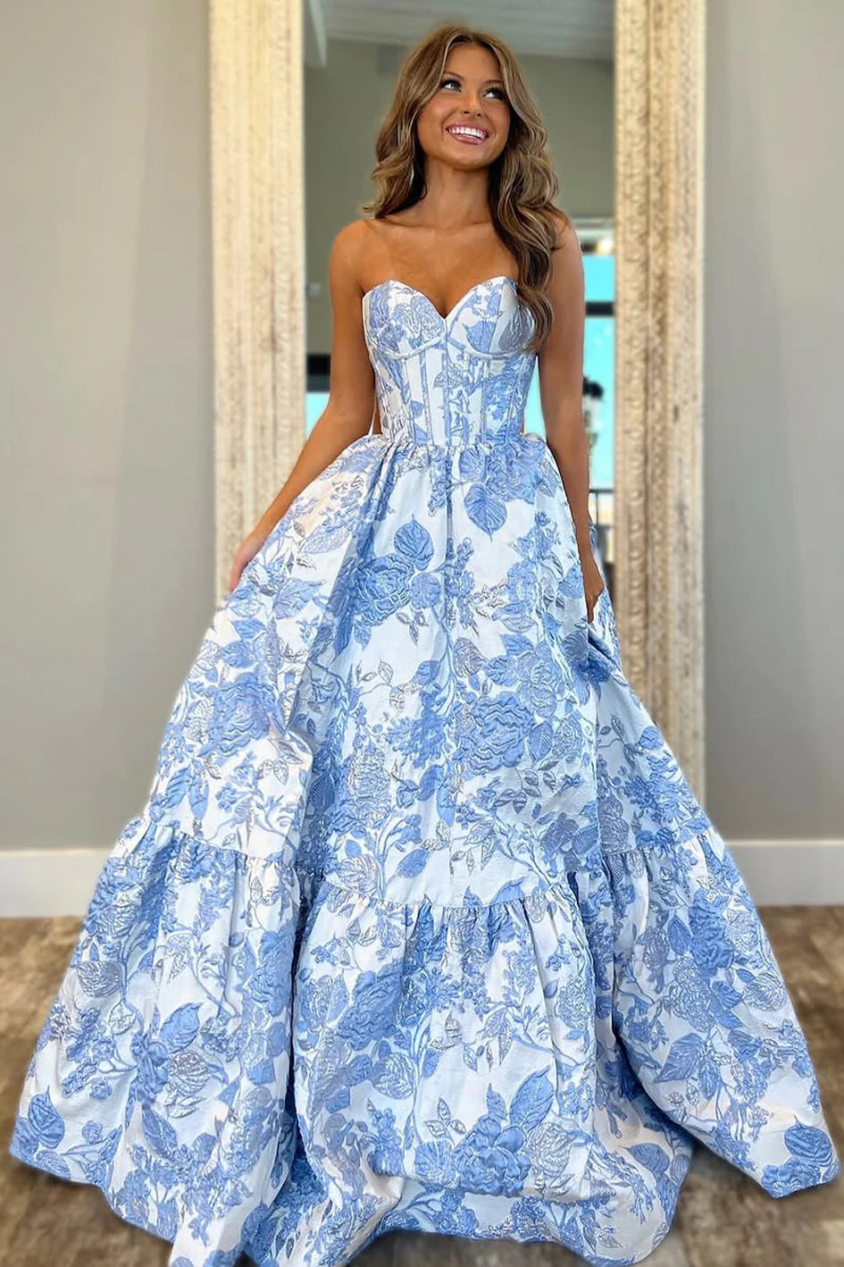 Elegant Sweetheart Blue Jacquard Satin A-Line Prom Dress FancyVestido Elegant Sweetheart Blue Jacquard Satin A-Line Prom Dress FancyVestido