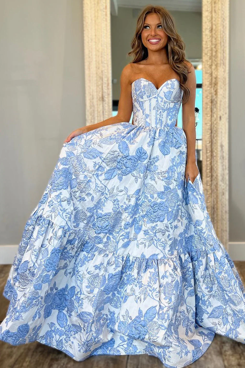 Elegant Sweetheart Blue Jacquard Satin A-Line Prom Dress FancyVestido Elegant Sweetheart Blue Jacquard Satin A-Line Prom Dress FancyVestido