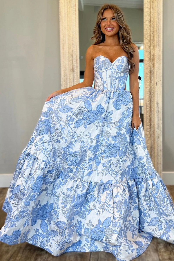 Elegant Sweetheart Blue Jacquard Satin A-Line Prom Dress