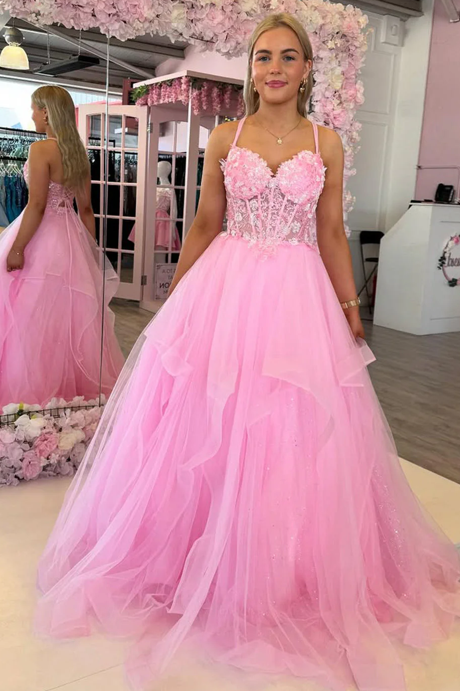 Pink Sweetheart Corset Applique Tiered Long Tulle Prom Dress