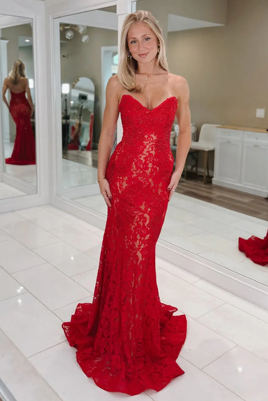 Glamorous Red Sweetheart Lace Mermaid Long Prom Dress
