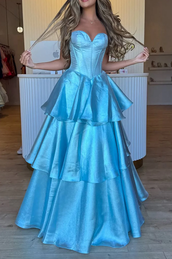 Sparkly Sweetheart Blue Tulle A-Line Ruffle Prom  Gown