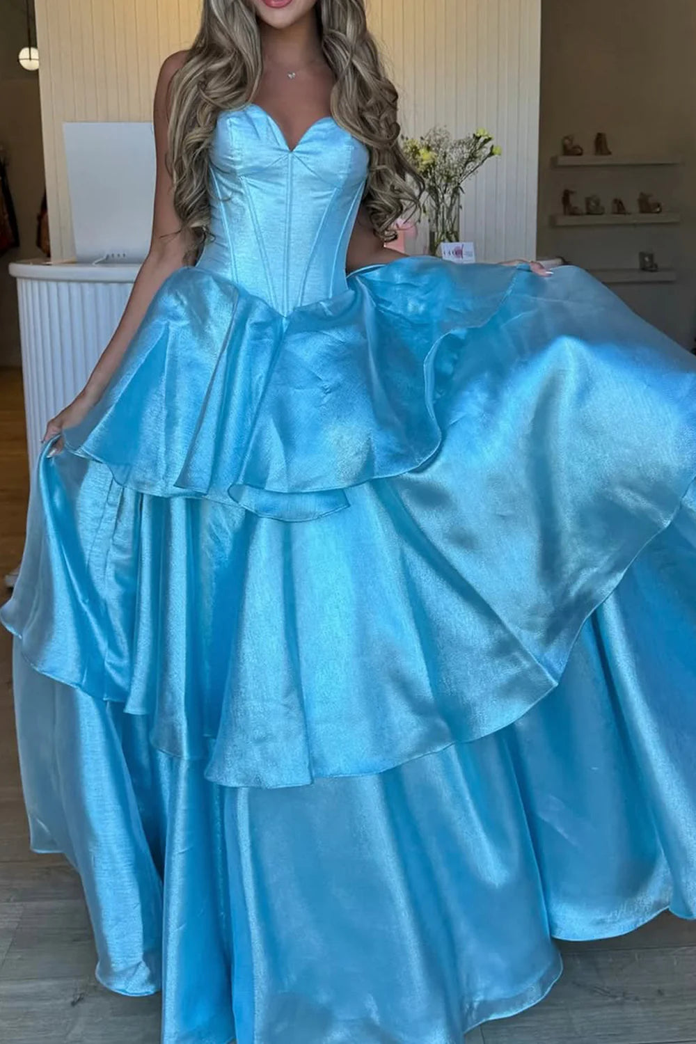 Sparkly Sweetheart Blue Tulle A-Line Ruffle Prom  Gown