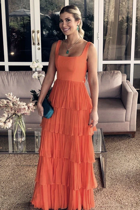 Orange Square Neck Ruffle Chiffon Prom Dress with Open Back