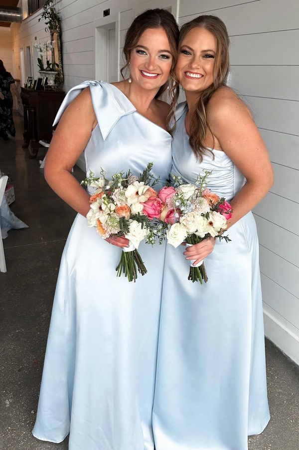 One Shoulder Light Blue A-line Bridesmaid Dress with Bow