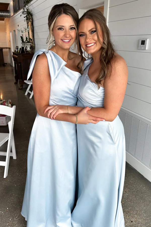 One Shoulder Light Blue A-line Bridesmaid Dress with Bow
